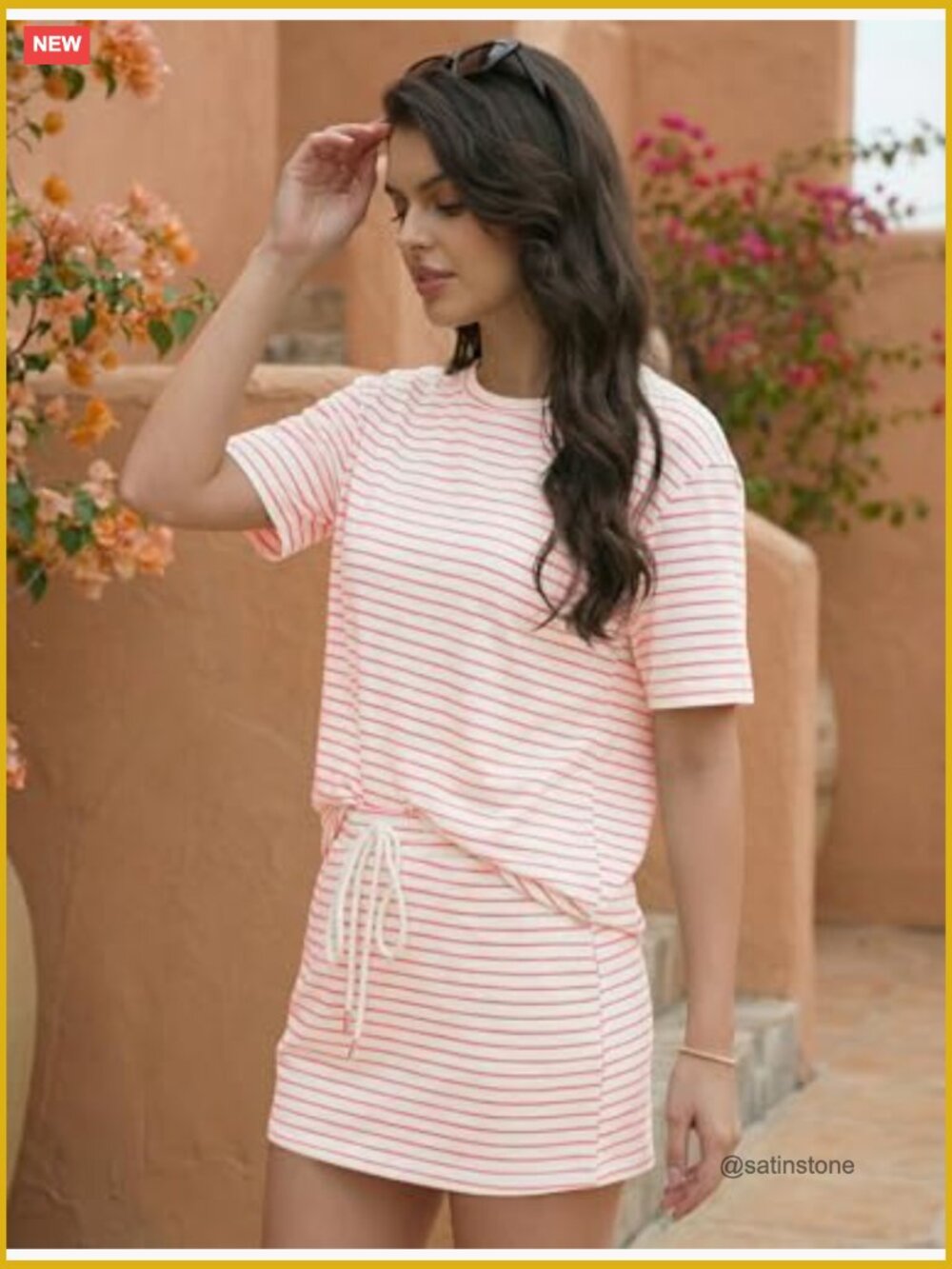 2 Piece Striped Mini Skirt and Top Set Short Sleeve T Shirt Matching Skort Sets - Picture 4 of 7